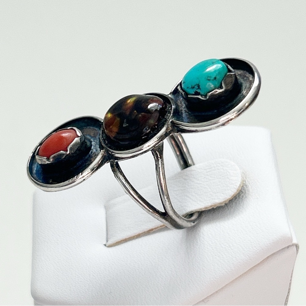 Stunning Vintage Southwestern Turquoise Fire Agate Coral Sterling Silver Ring - Picture 7 of 11